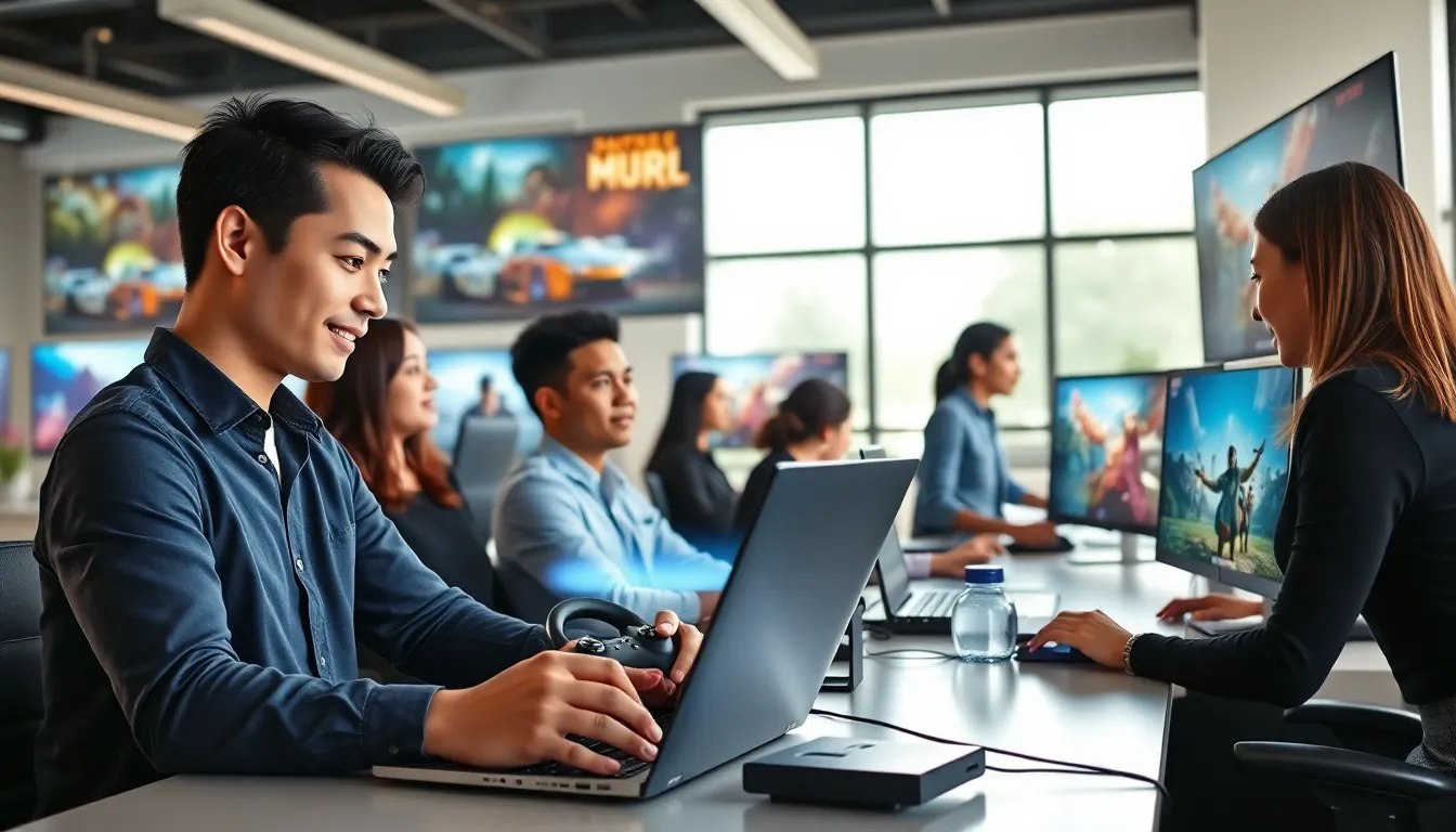 diverse professionals engaging with gaming devices in a modern workspace.