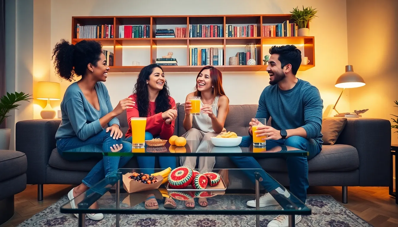diverse friends joyfully engaging in a playful living room setting.