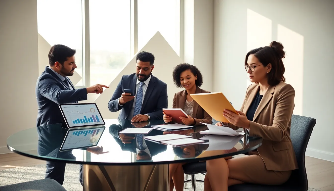 diverse investors discussing property financing options in a modern office.