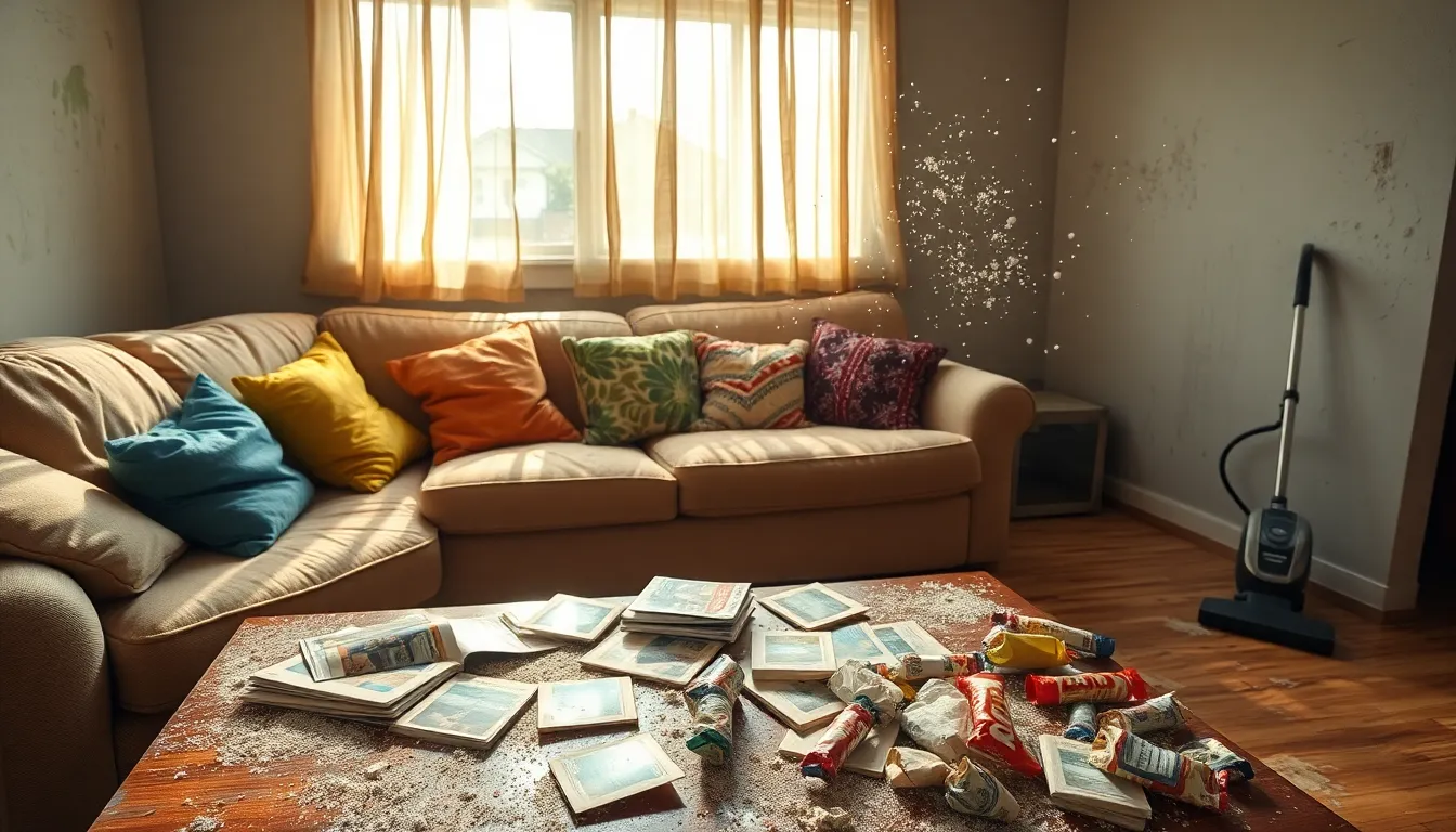 A messy living room with dust and debris highlighting neglect.