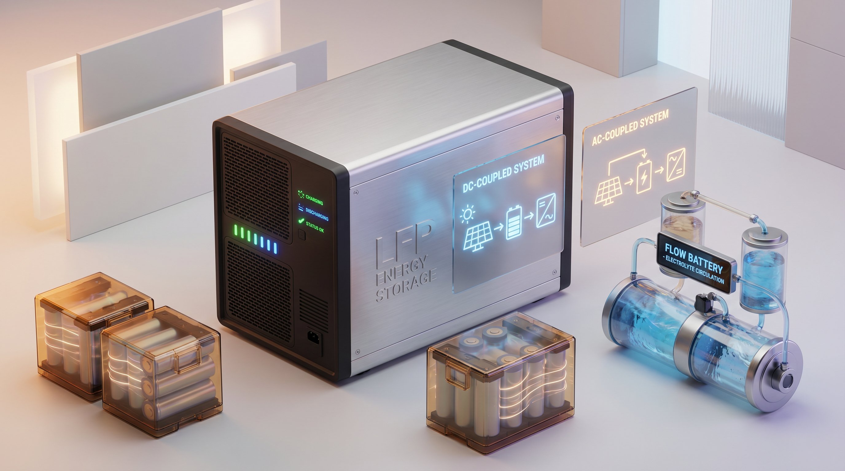 3D render of lithium battery storage units with system architecture diagrams in studio setting.