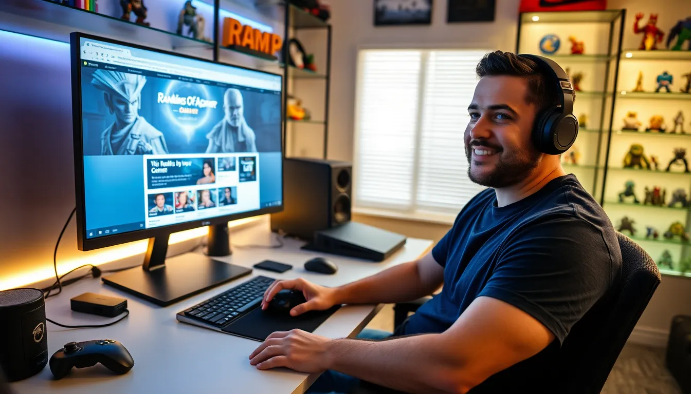 A gamer interacting with his community at a modern desk.