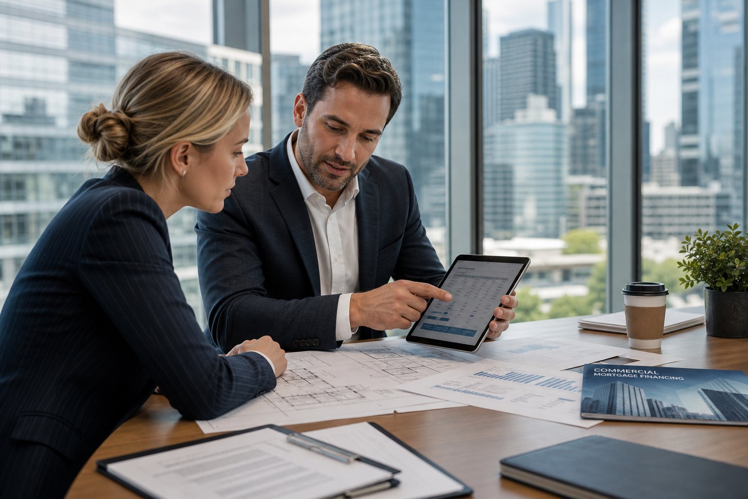 Finance professionals reviewing commercial property plans and mortgage documents in a modern office with a city skyline view.