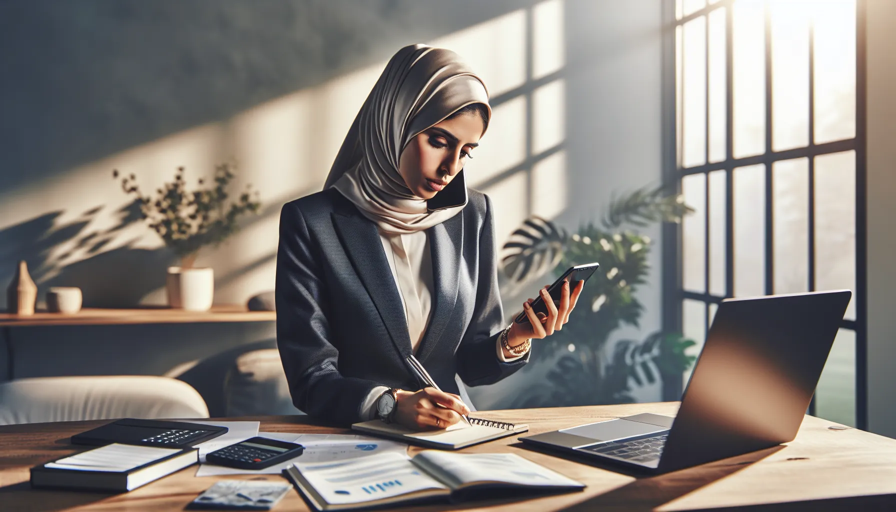 Professional woman verifying a call in a modern home office.
