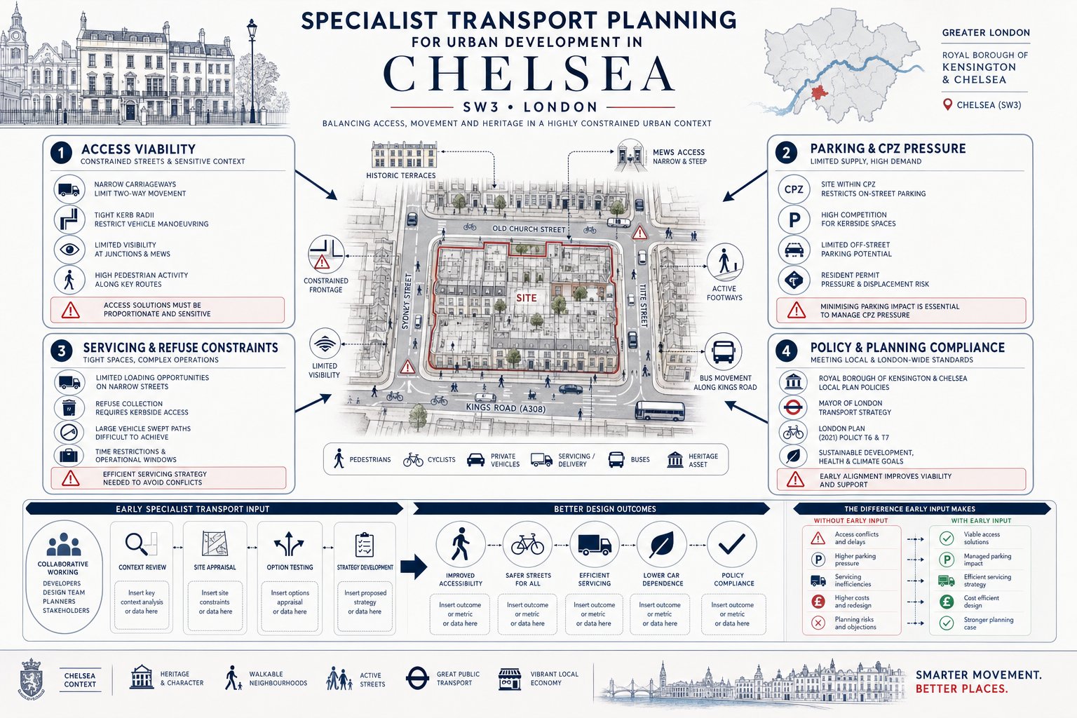 Infographic of Chelsea development transport constraints, access, parking, servicing, and planning issues.
