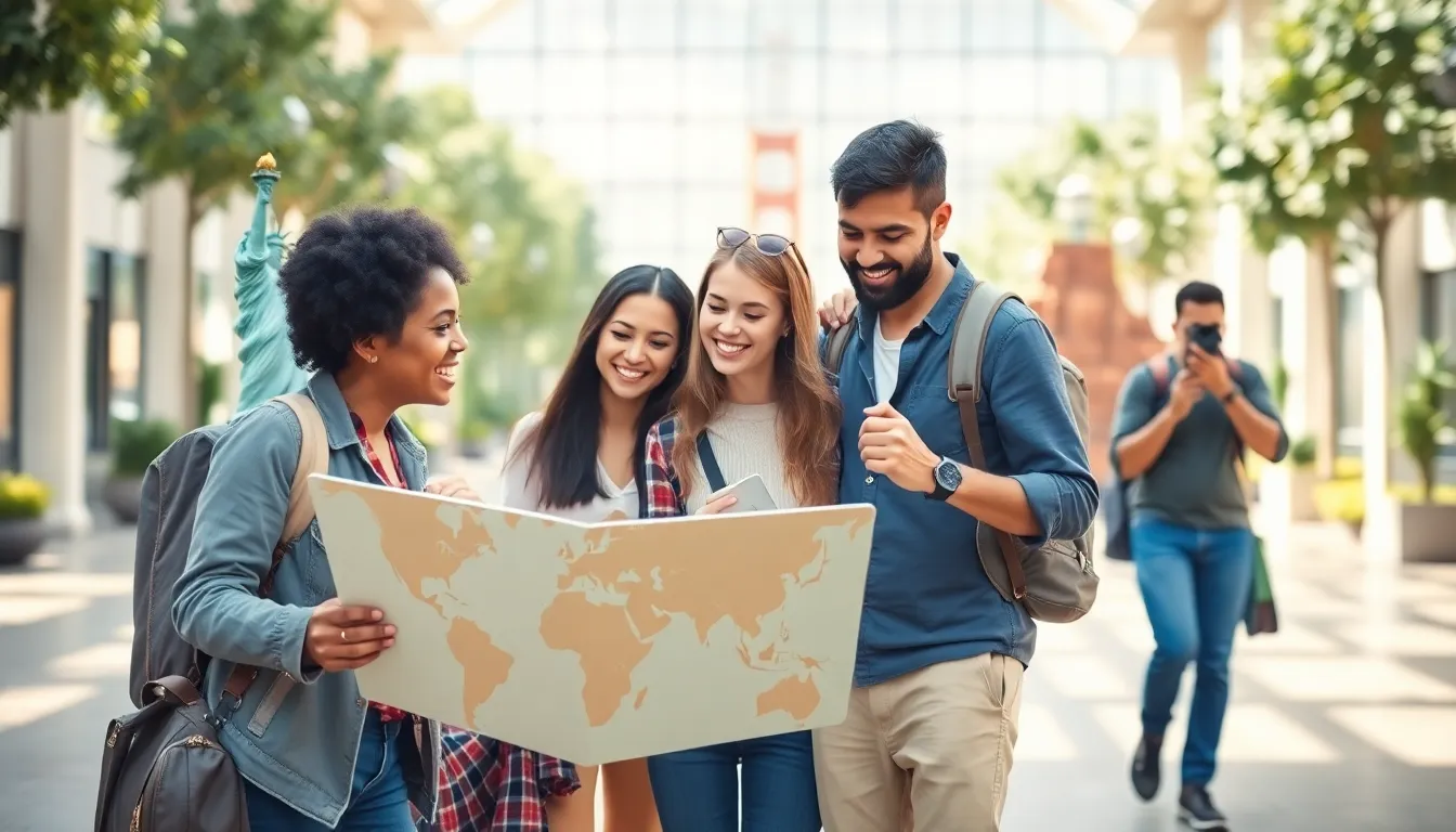 diverse travelers exploring iconic U.S. tourist destinations.