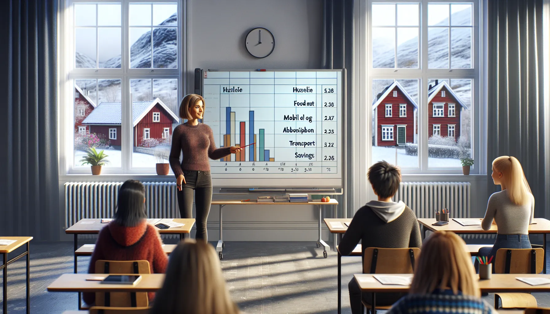 Norwegian teacher explains budgeting and saving to attentive teenagers in a modern classroom.