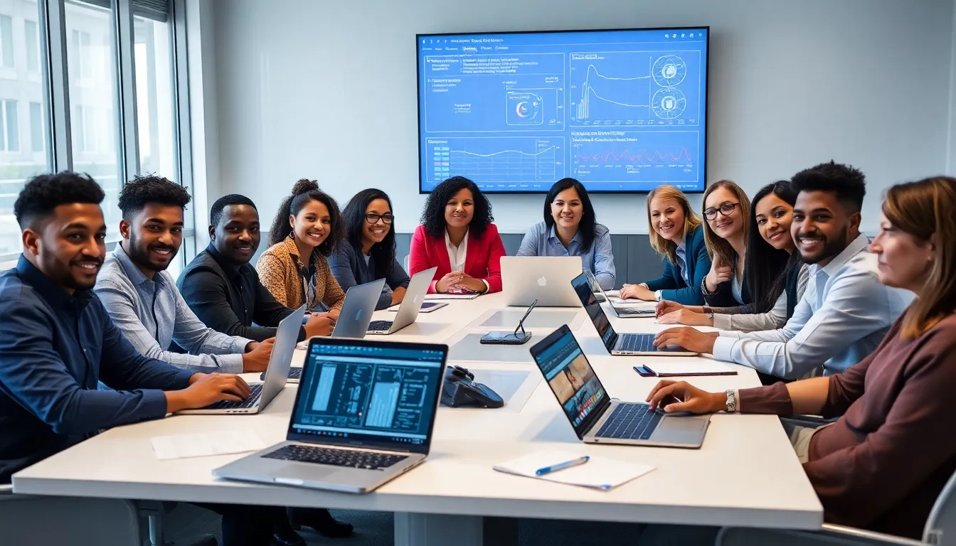 diverse professionals in a cybersecurity education workshop at a modern office.
