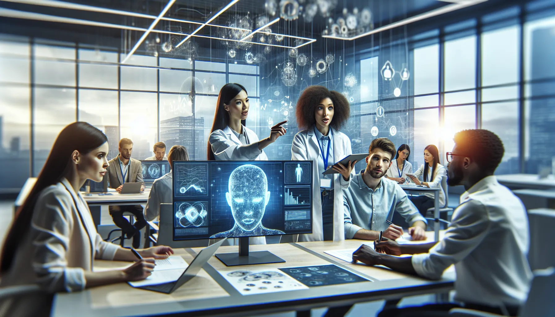 diverse professionals collaborating in a modern research lab.