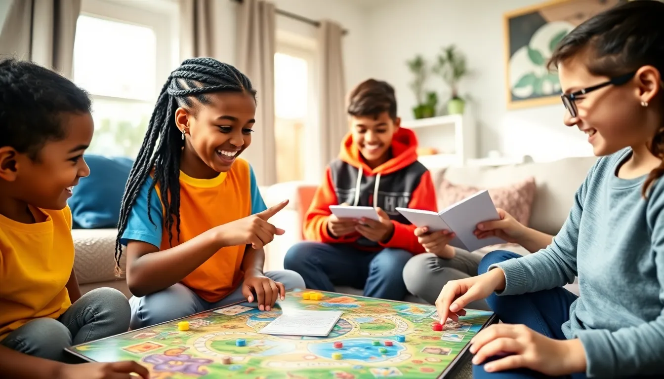 Children playing an imaginative board game in a cozy living room.