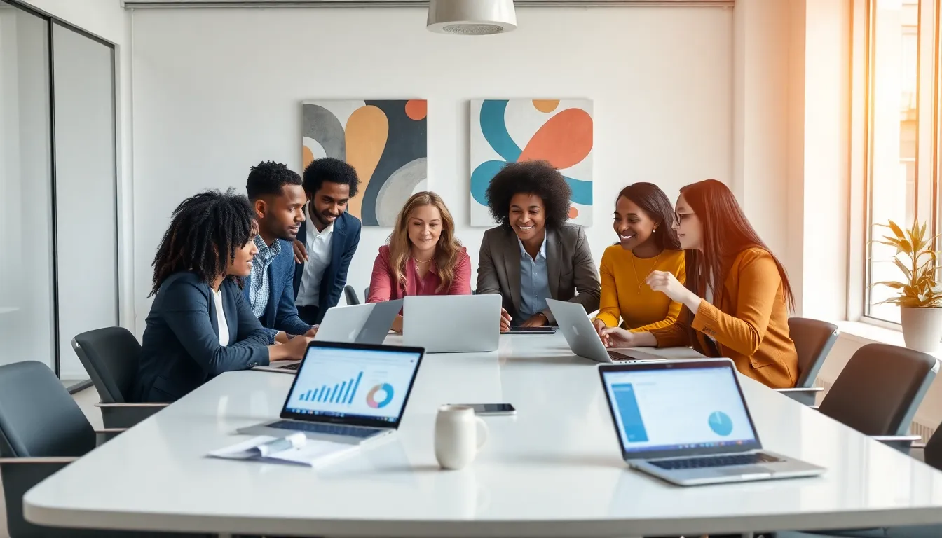diverse team discussing SaaS marketing strategies in a modern office.