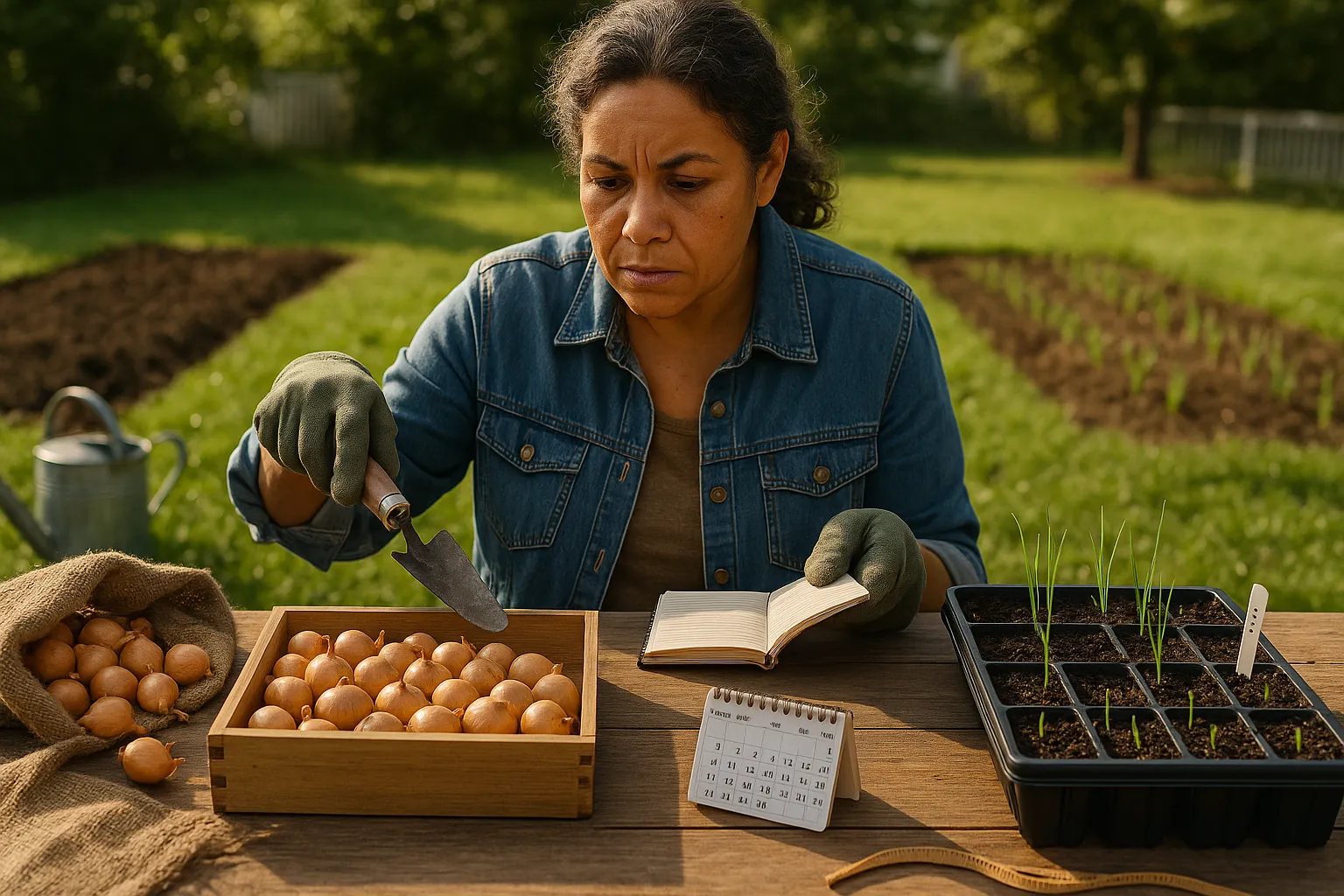 Gardener comparing onion sets in a crate with seedling trays on a potting bench.