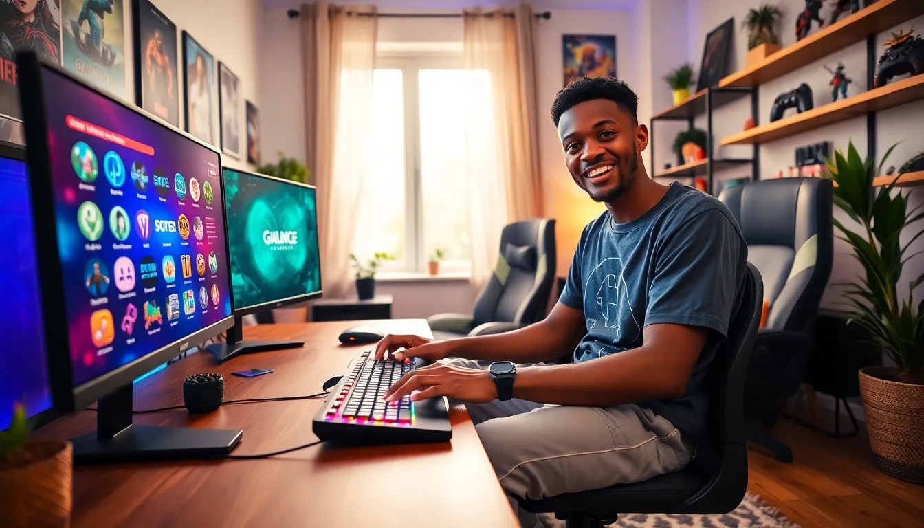 a young man engaging with the gaming community in a cozy gaming room.