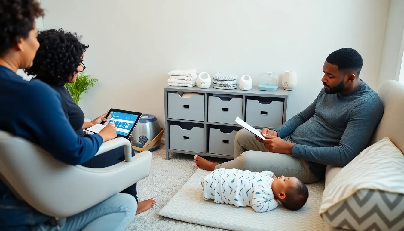 parents attending a sleep workshop in a calming nursery setting.