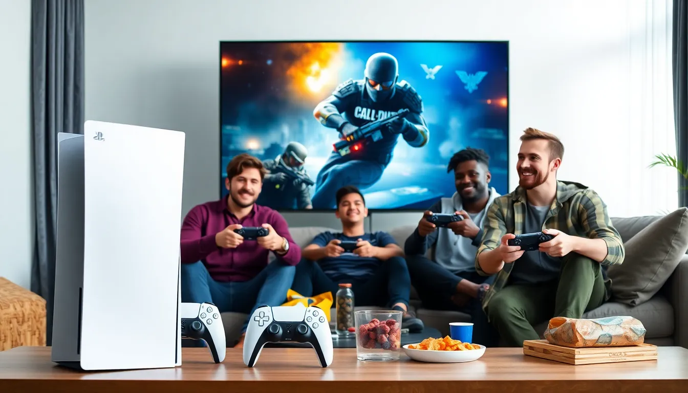 diverse group of friends playing Call of Duty on a PS5.
