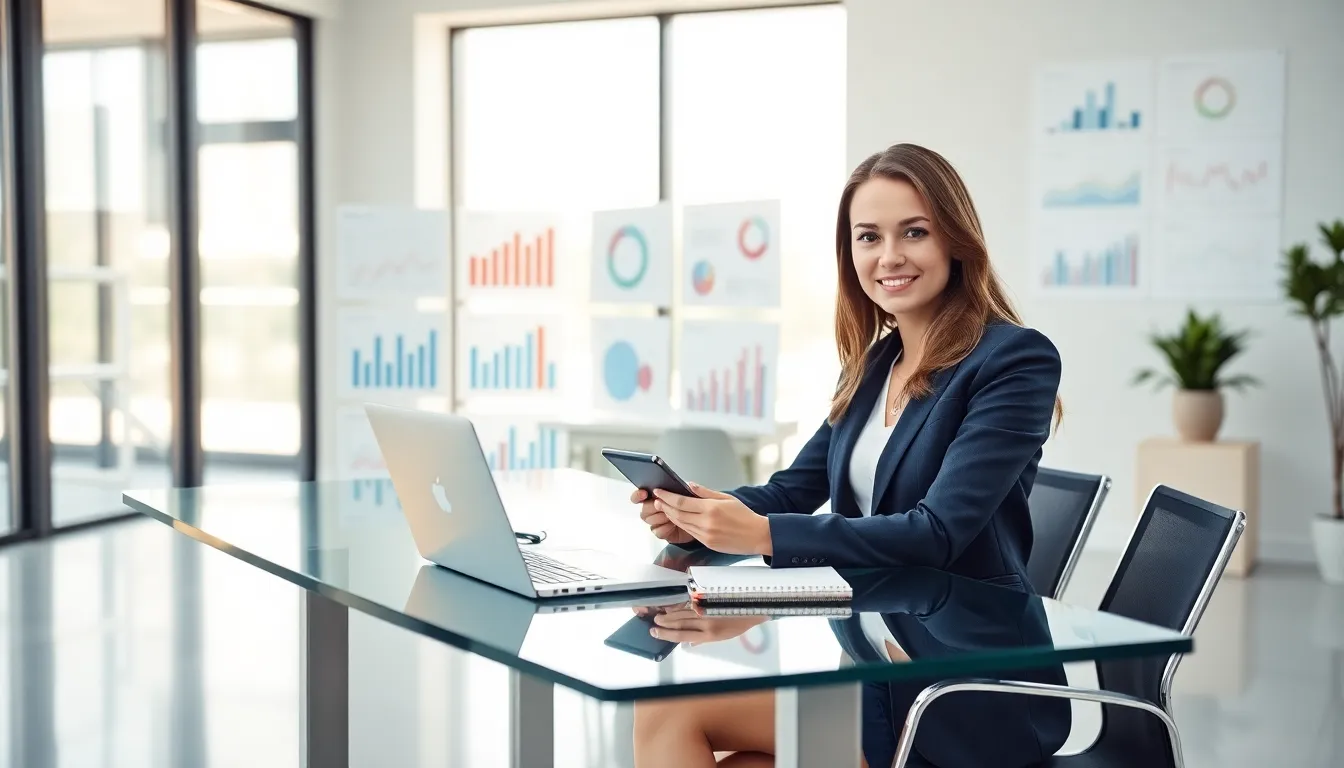 professional woman working in a modern office, focusing on digital marketing.