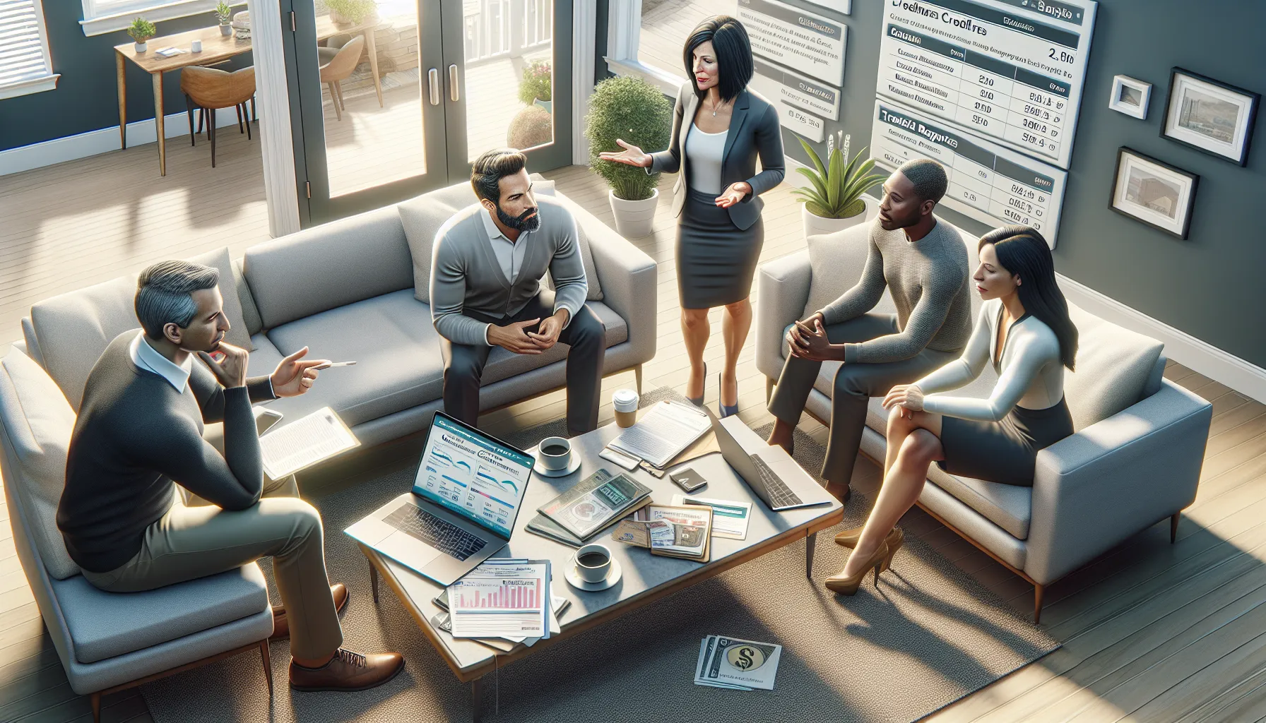 three adults discussing credit scores in a modern living room.