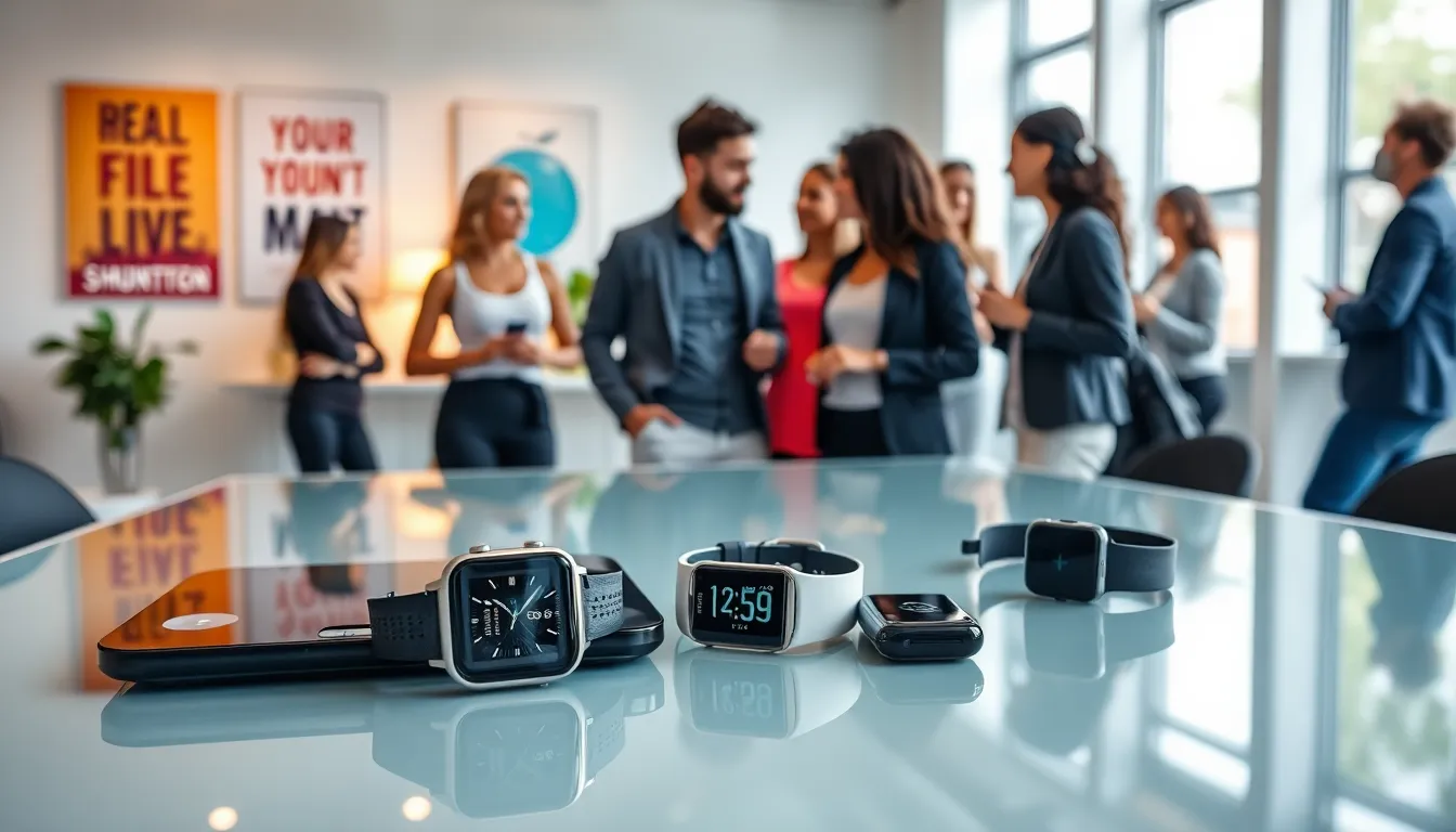 diverse professionals discussing fitness gadgets in a modern office.