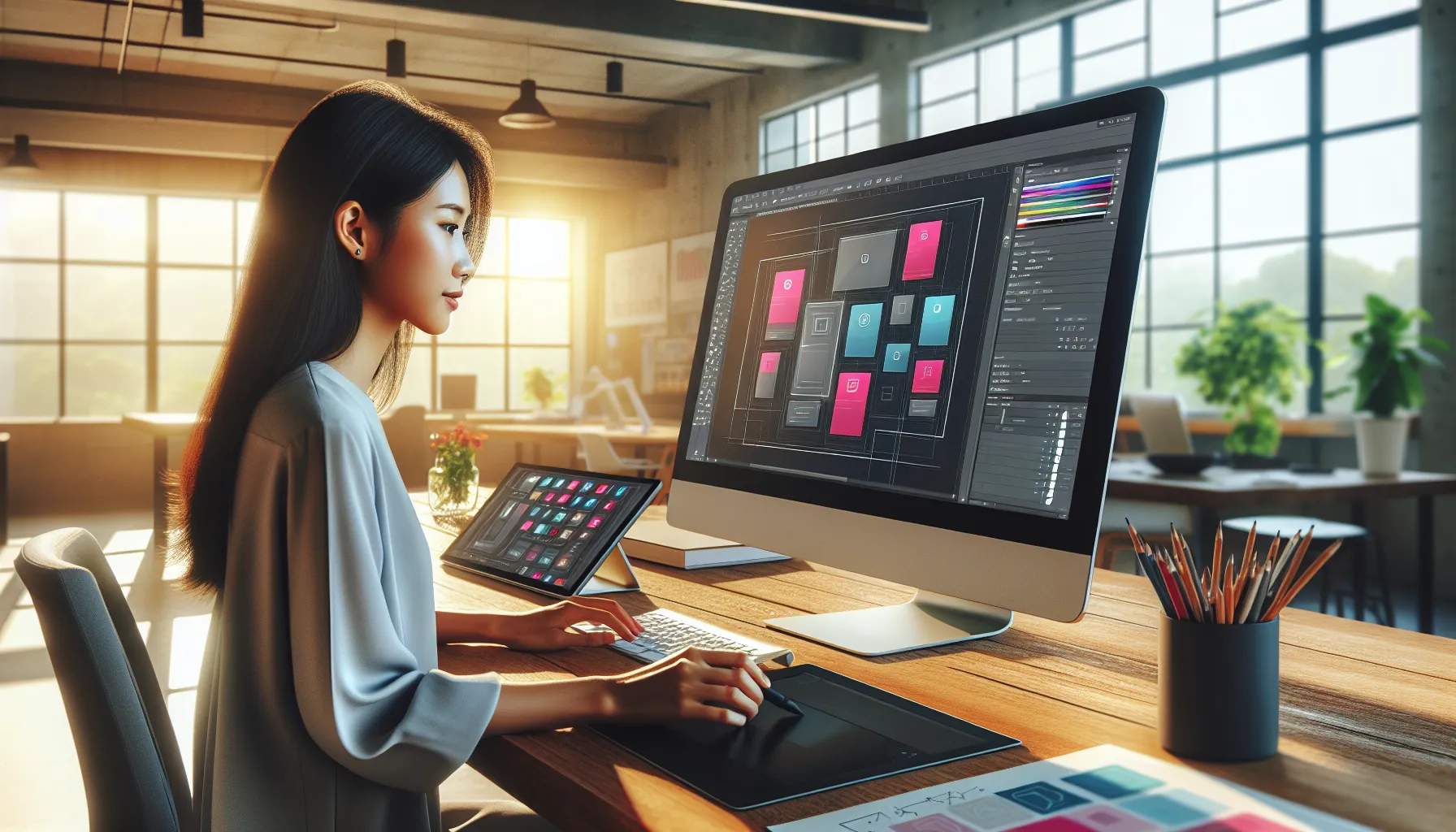 Designer working with Gfxrobotection software in a modern office.