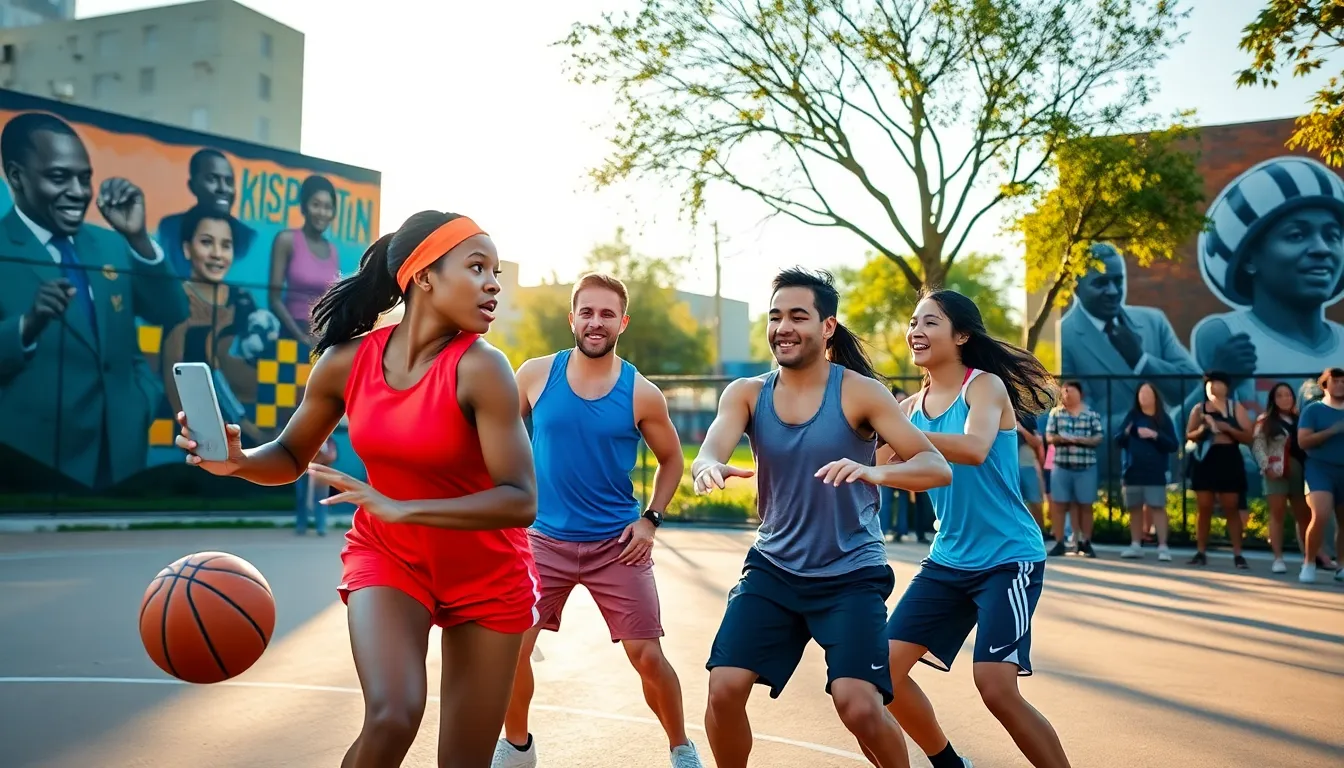 diverse athletes playing basketball in a vibrant urban park.