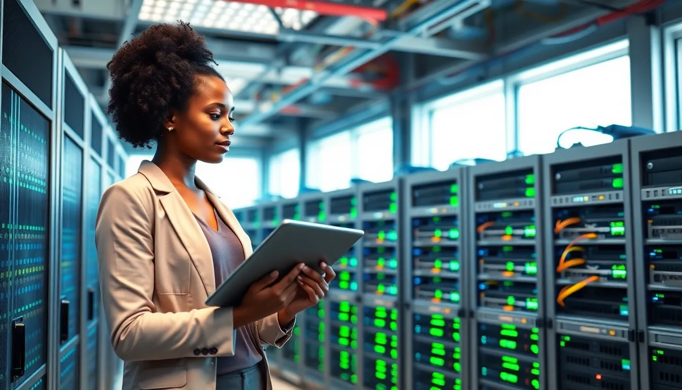 an IT professional inspecting servers in a modern server room.
