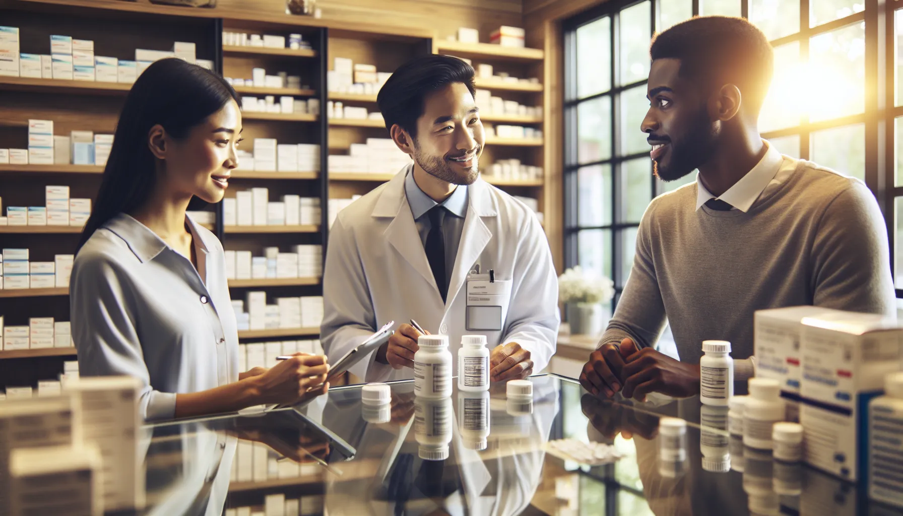 pharmacists consulting with a patient in a modern pharmacy setting.