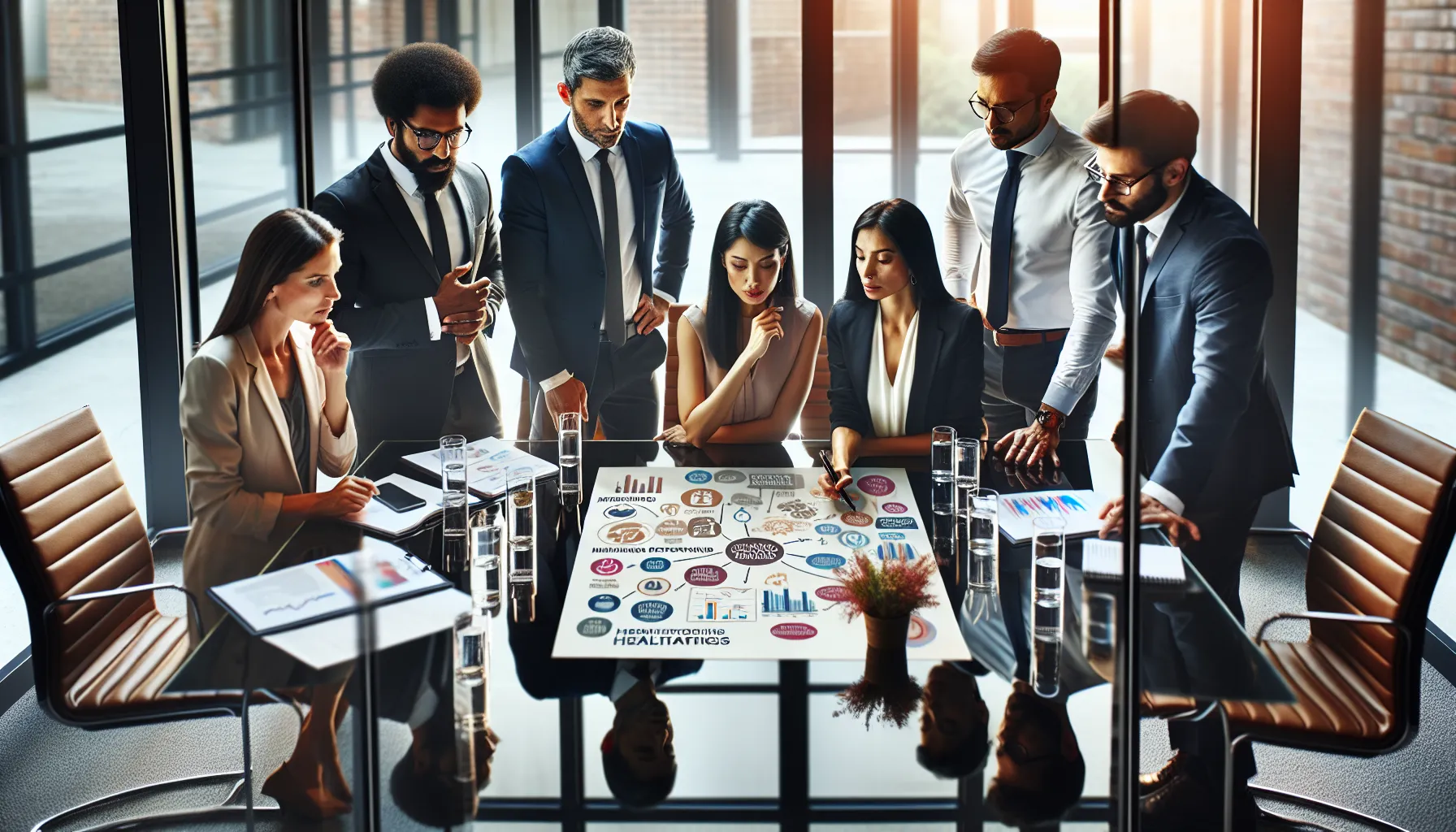 diverse healthcare professionals strategizing in a modern office.