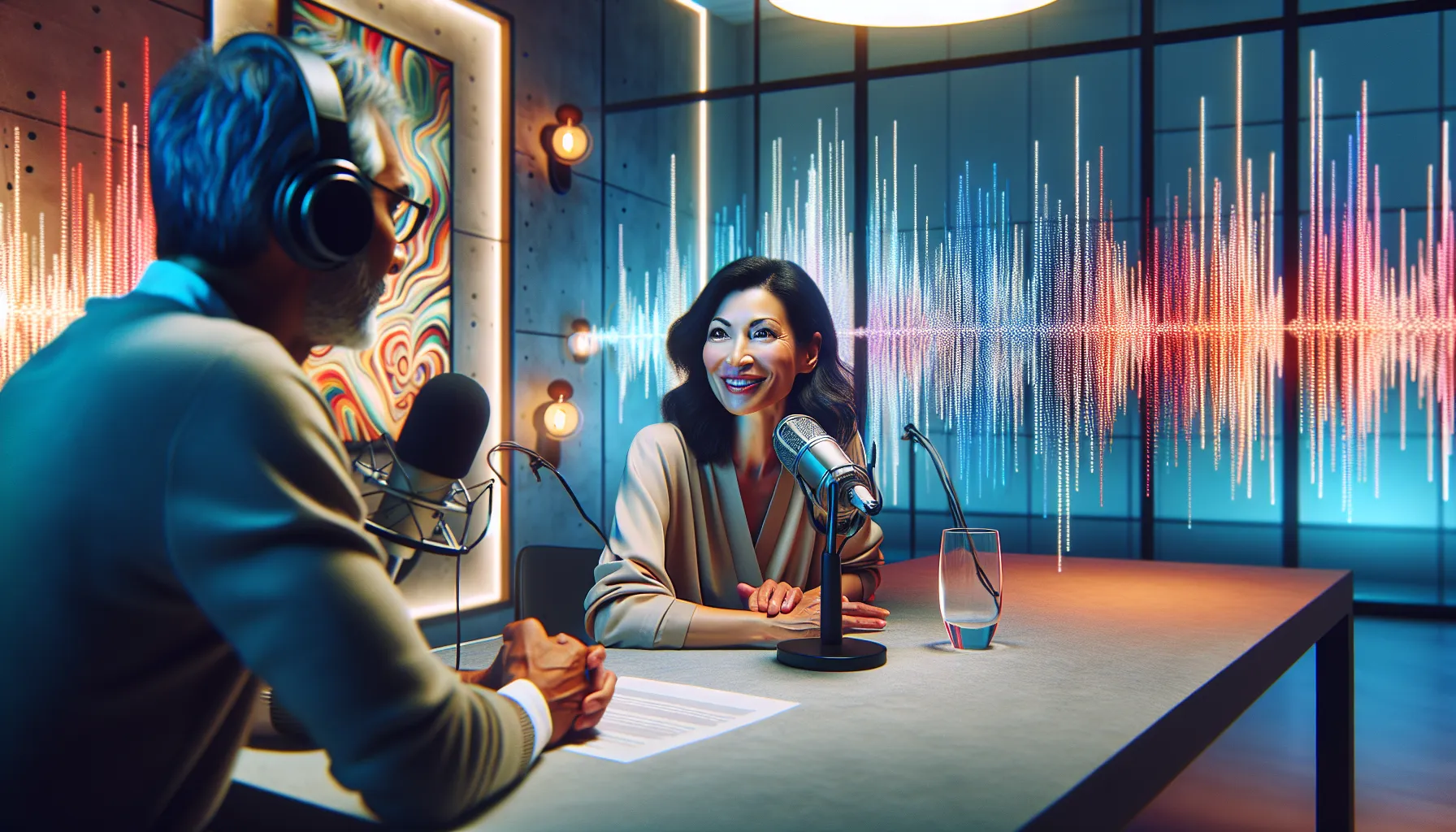 Bianca hosting a lively podcast discussion with a guest in a modern studio.