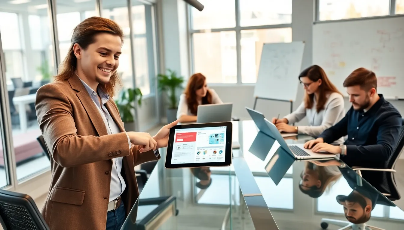 diverse team collaborating on mobile app development in a modern office.