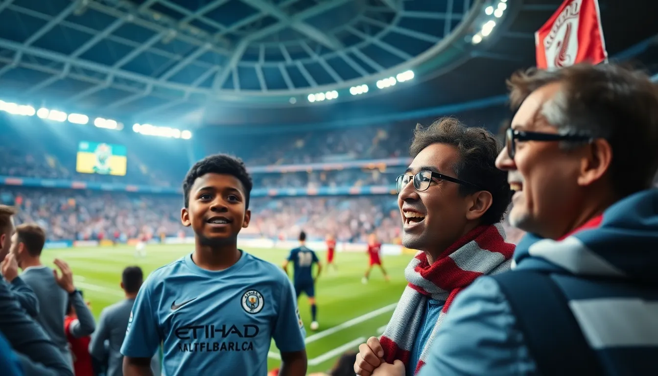 excited football fans cheering at a dramatic match in a stadium.