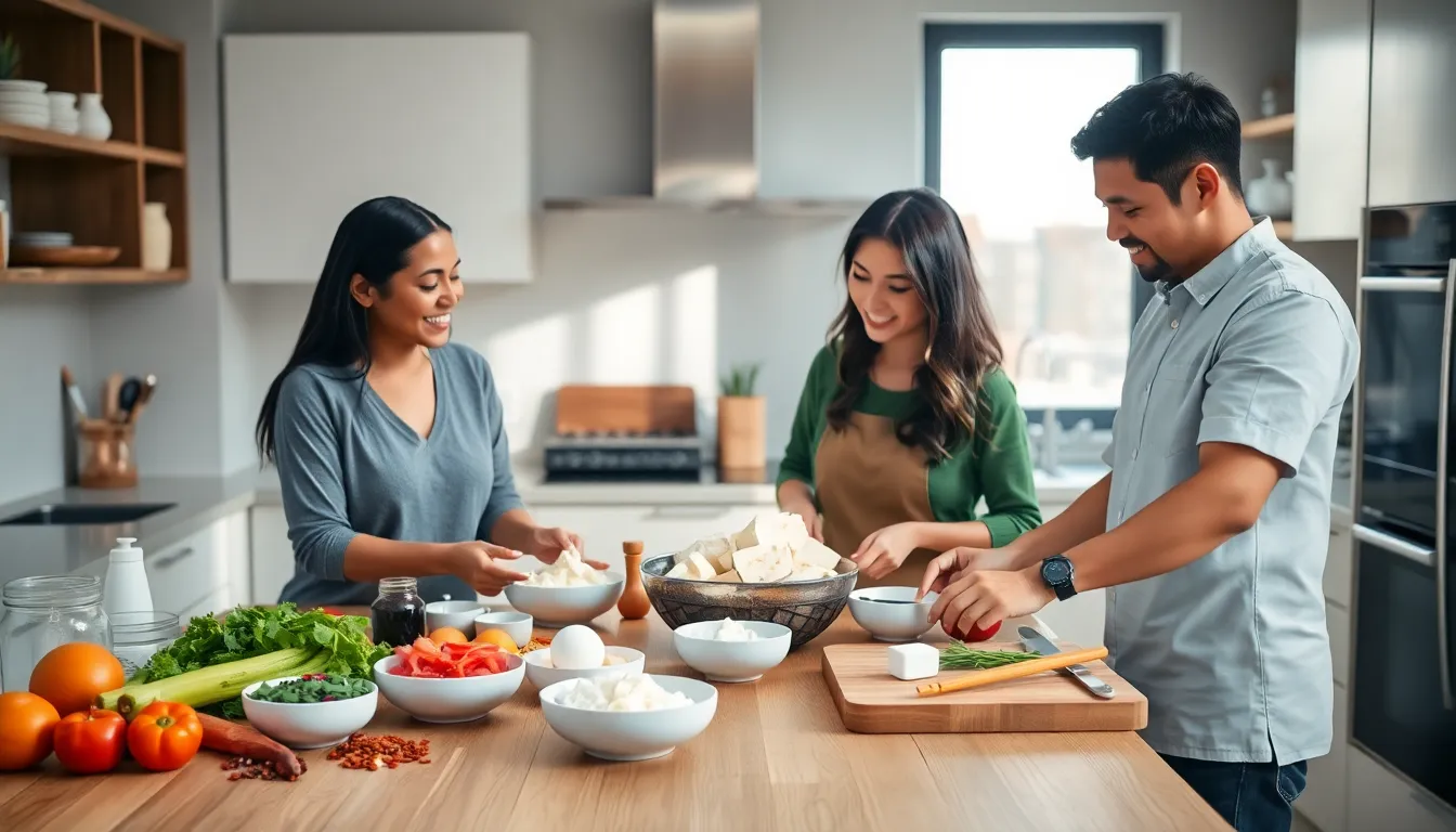 diverse chefs cooking home style tofu in a cozy kitchen.