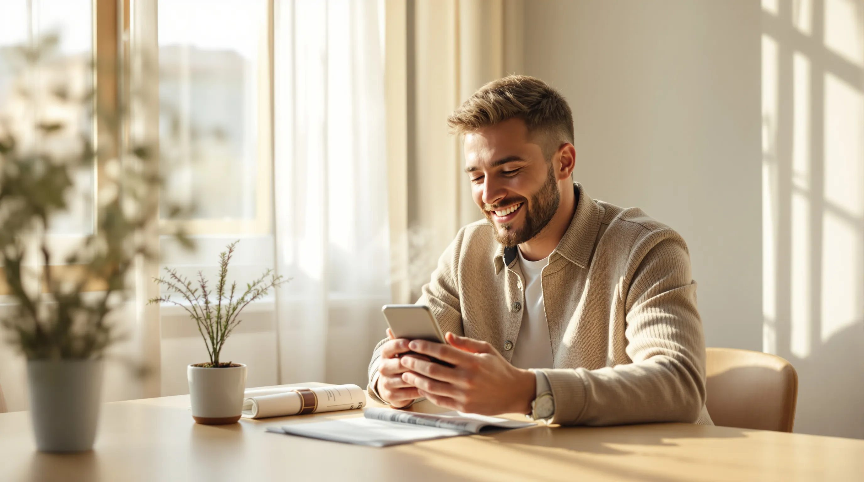 Young man smiling at phone while holding coffee in modern morning setting.