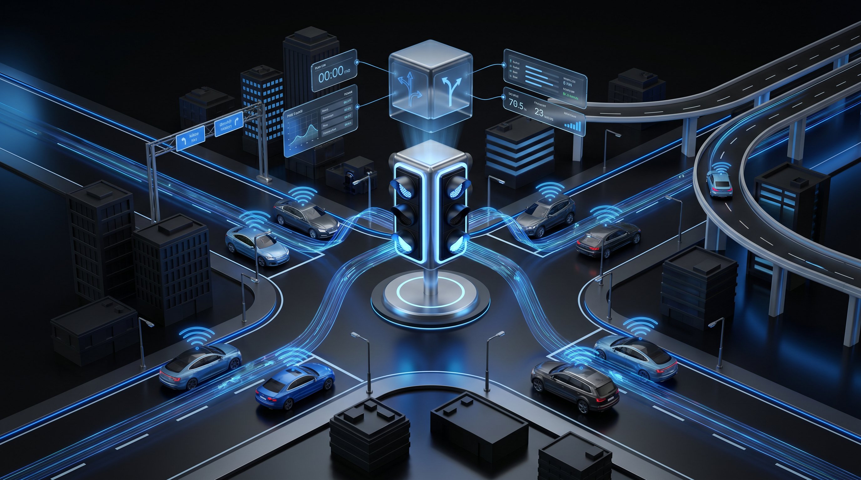 3D render of an intelligent traffic system with connected vehicles and adaptive signals in urban network.