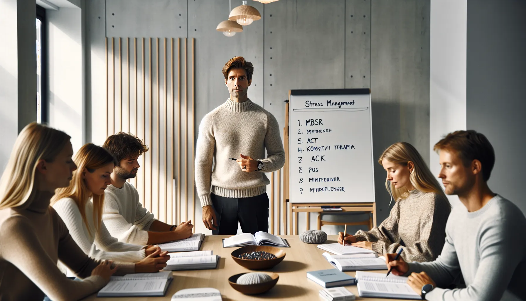 Small norwegian stress management class practicing mindfulness in a bright, structured classroom.