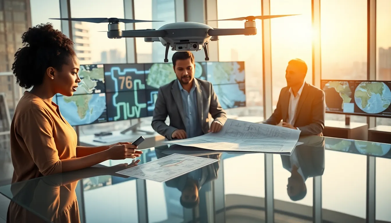 diverse team discussing drone technology in a modern office