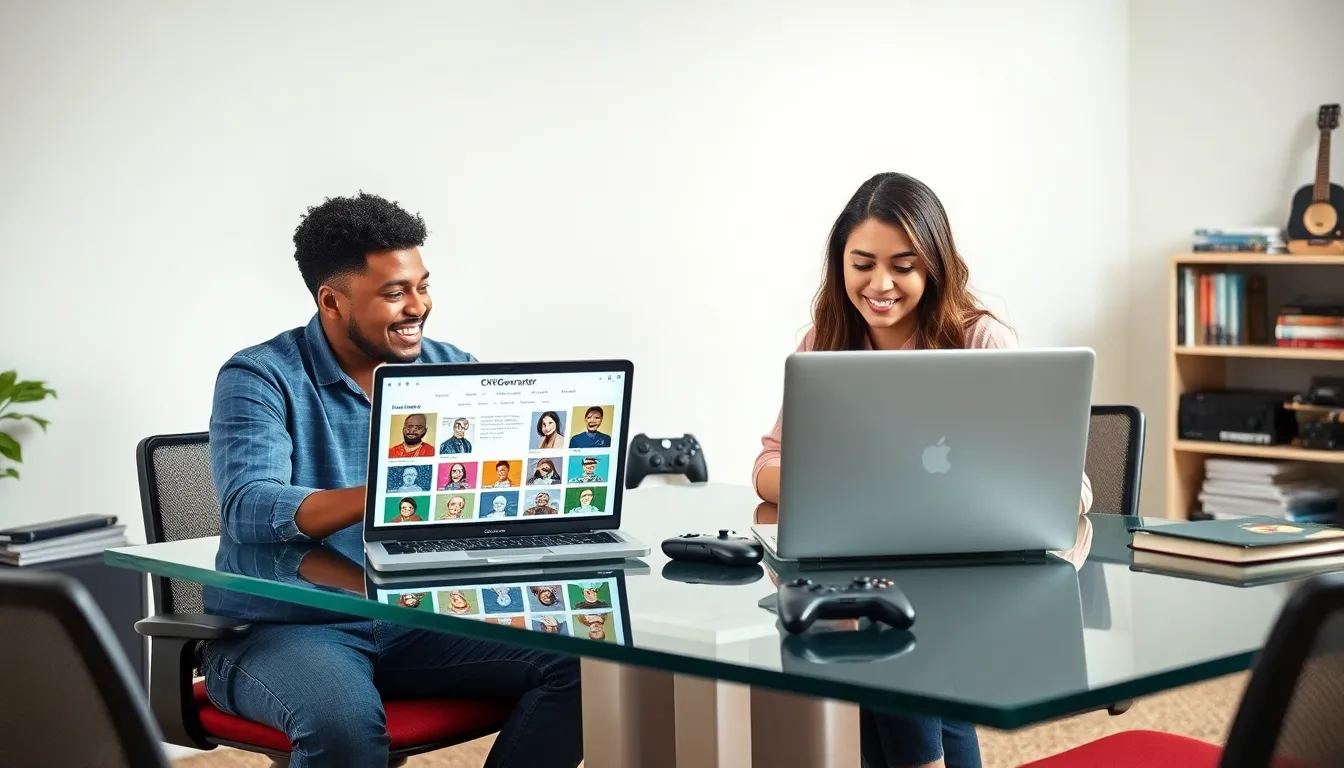 Diverse gamers discussing character creation at a modern workspace.