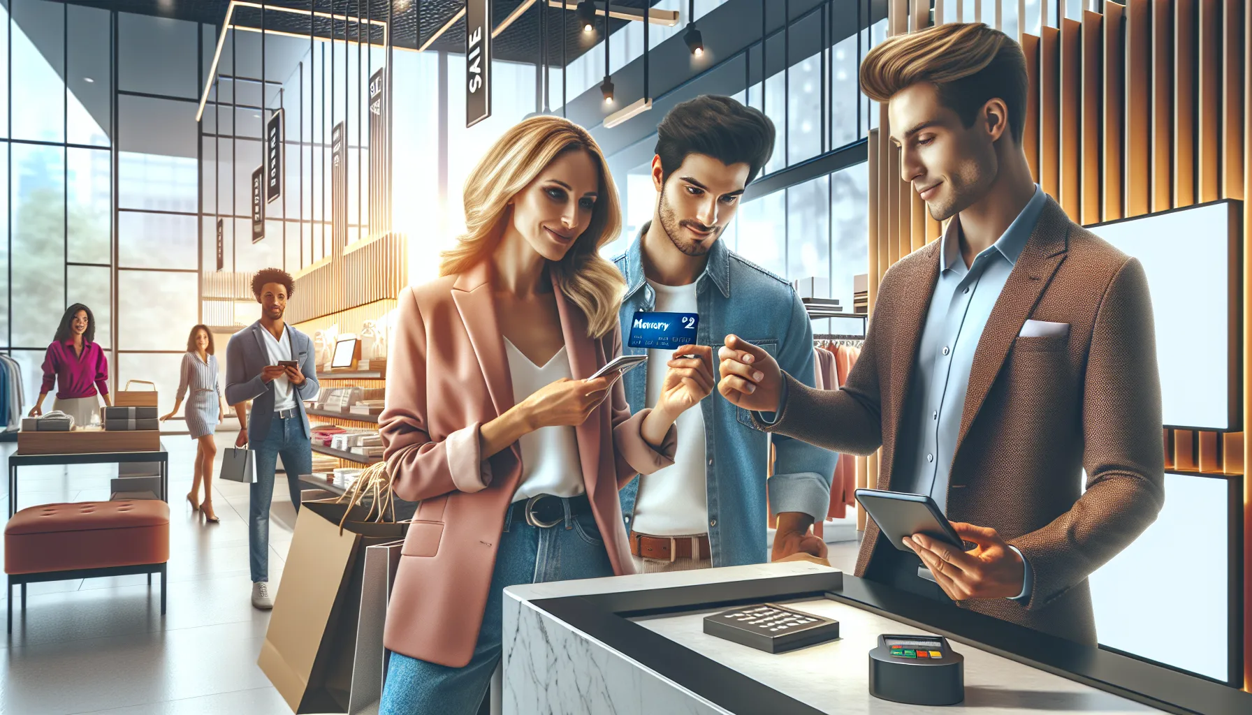 Professionals shopping with Mercury gift cards in a modern retail setting.