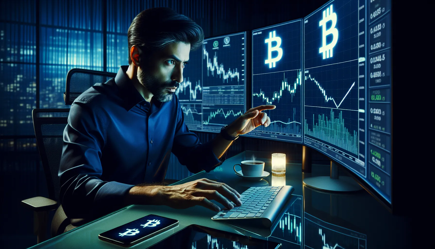 Trader analyzing Bitcoin price charts on multiple monitors in modern trading floor at dusk.