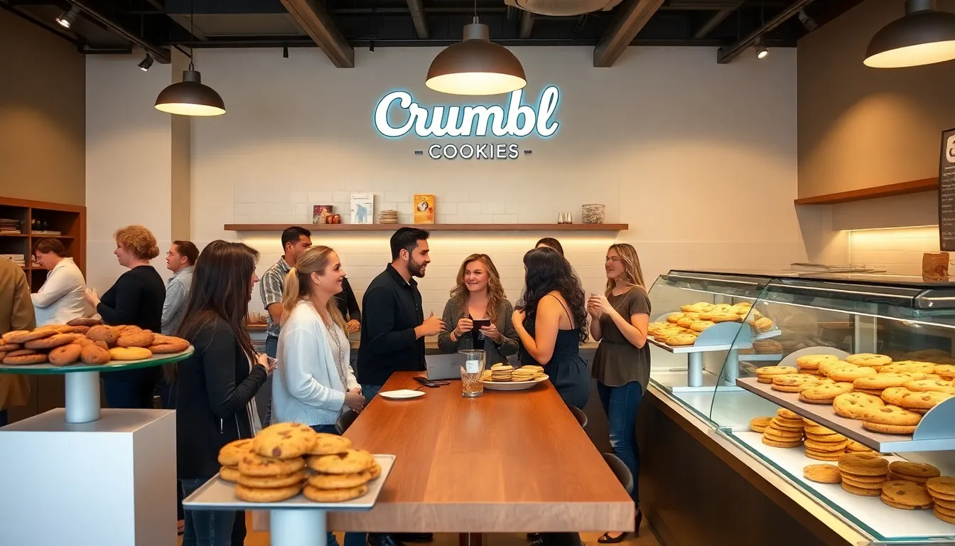 customers enjoying a variety of Crumbl cookies in a welcoming bakery.