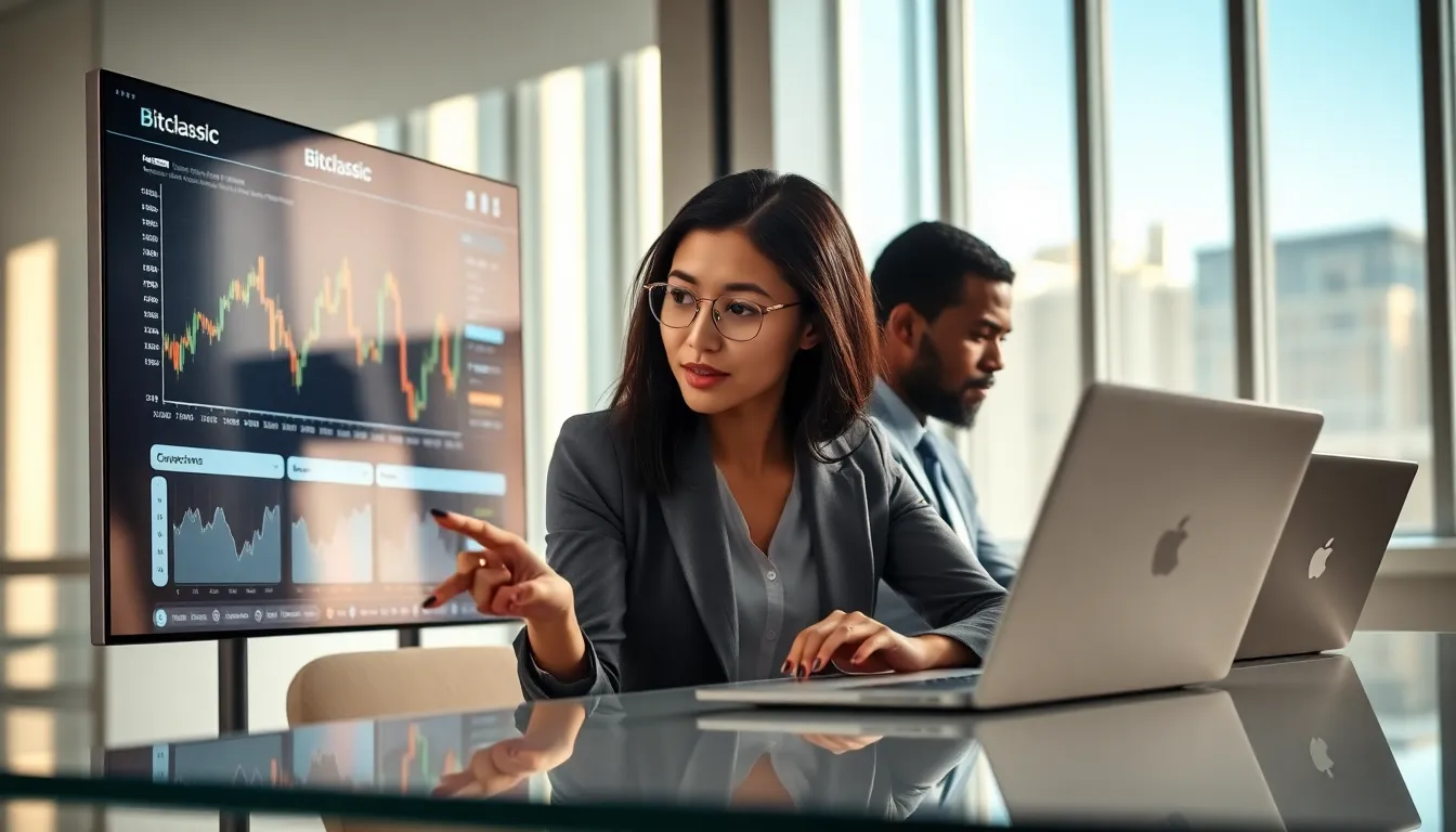 professionals analyzing cryptocurrency data in a modern office setting.