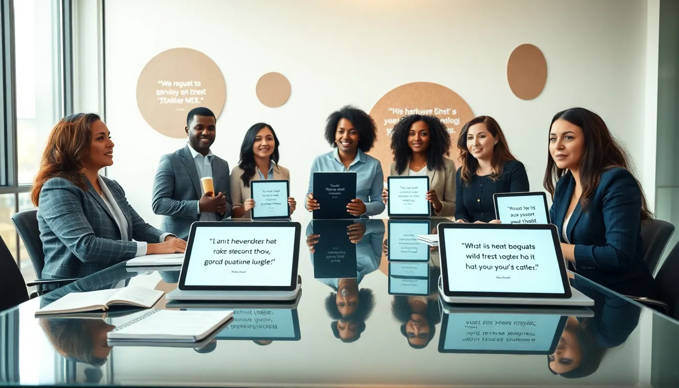 diverse team brainstorming in a modern office with inspiring quotes.