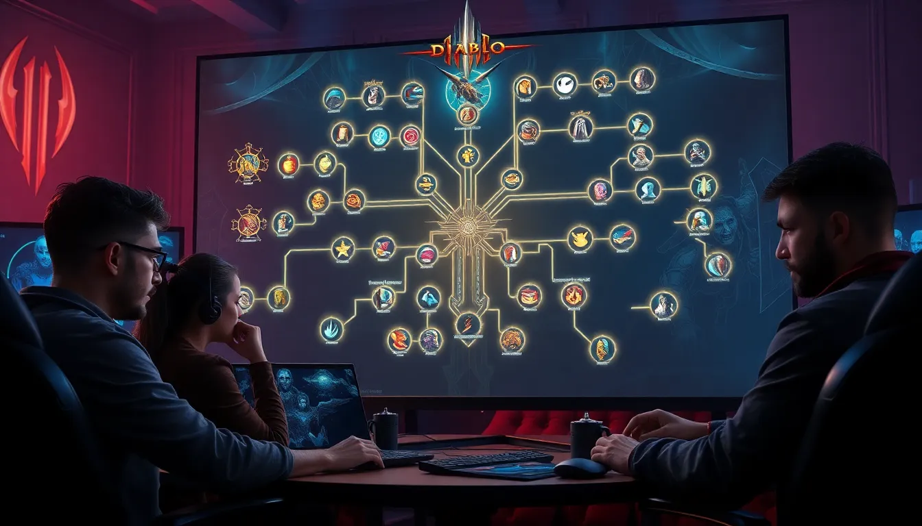 gamers exploring the Diablo IV skill tree in a modern gaming setup.