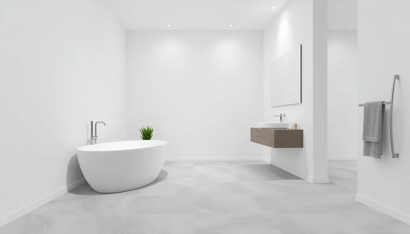 modern minimalist bathroom design with freestanding bathtub.