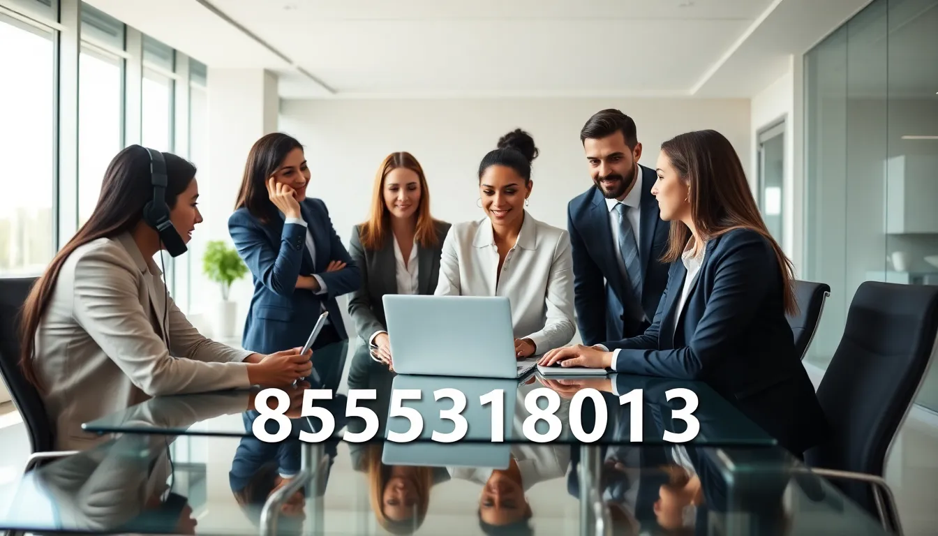 diverse professionals discussing in a modern office with a toll-free number.