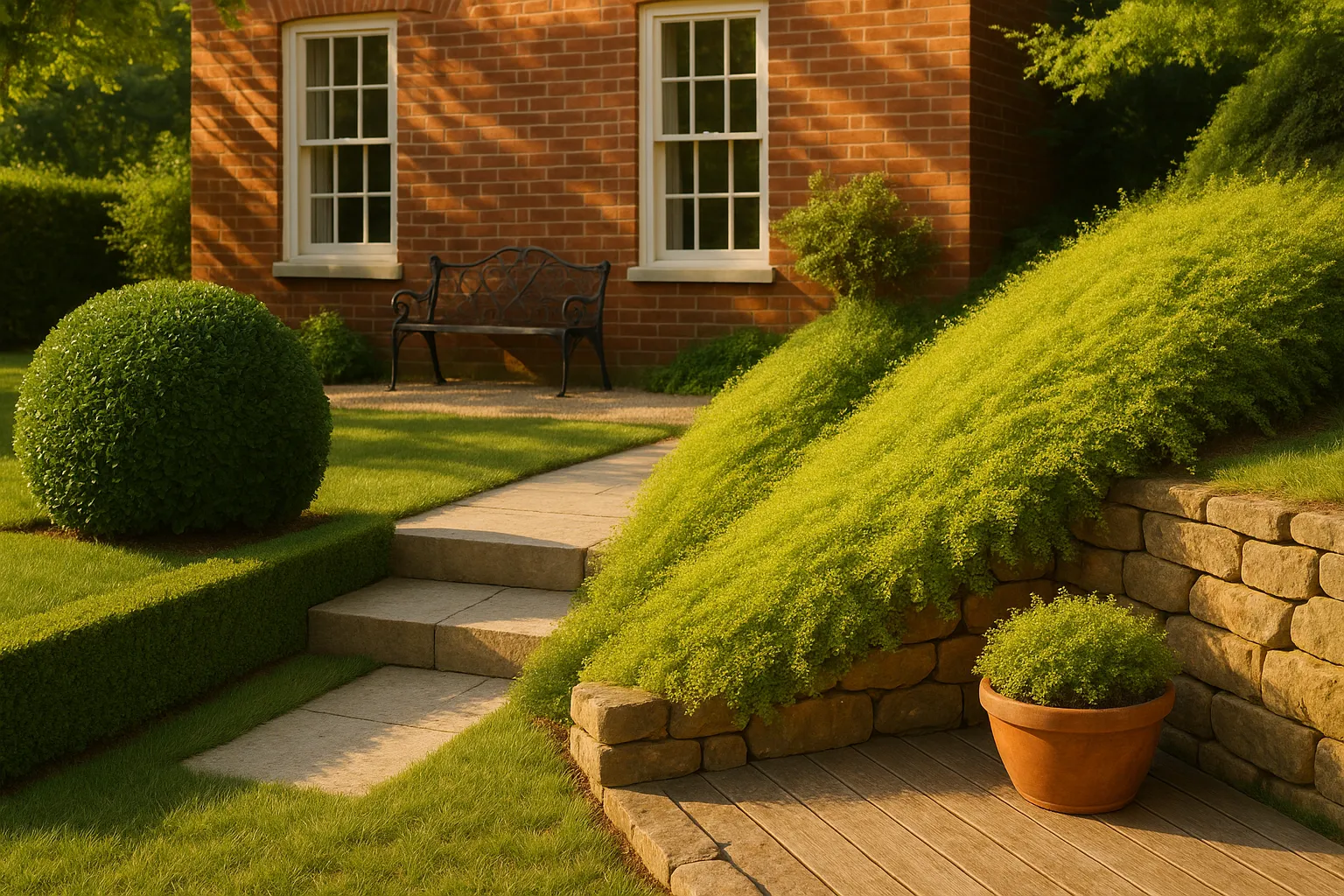 Clipped boxwood hedge next to airy Lonicera nitida groundcover on Georgian patio.