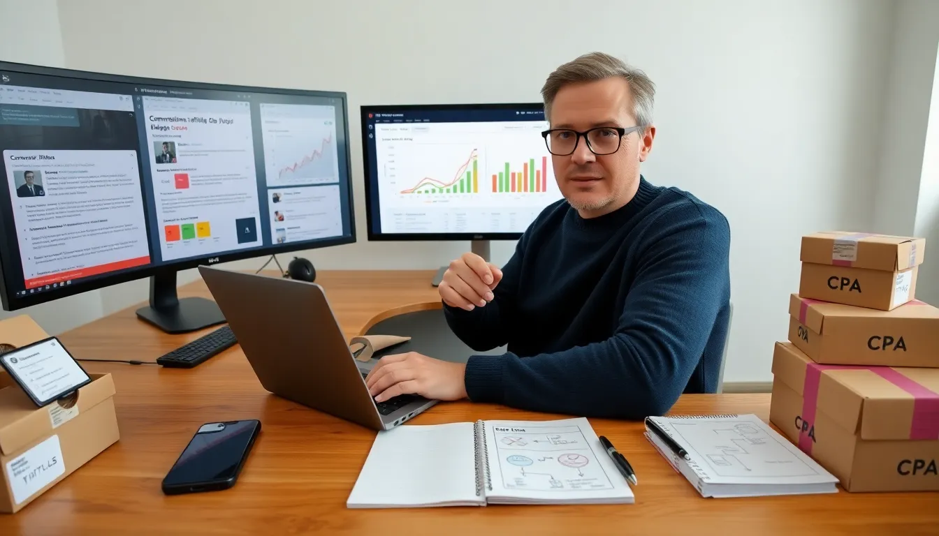 Affiliate marketer at desk reviewing dashboards and content with product boxes nearby.