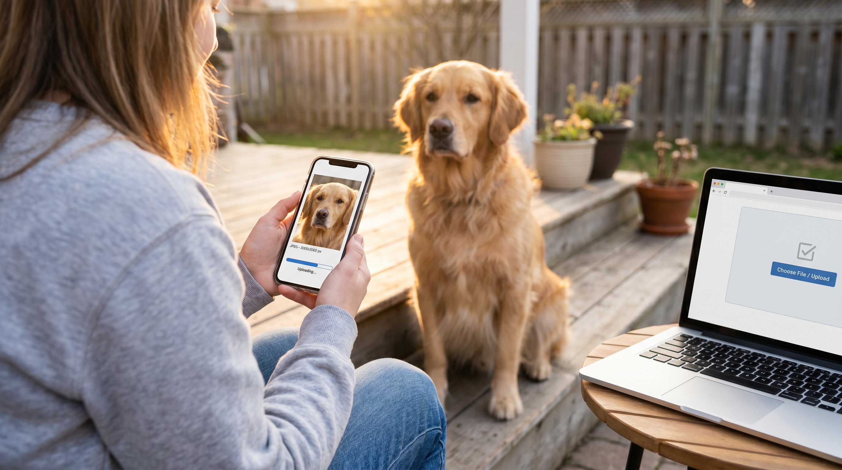 Person photographing a golden retriever for upload to an AI dog-art generator.