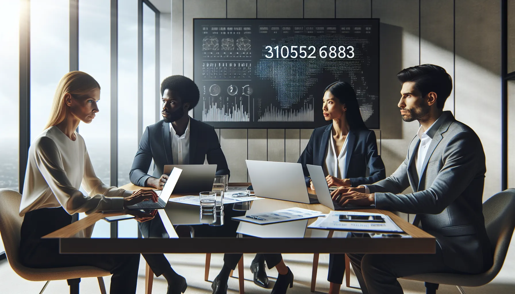 team discussing the interpretations of the number 3105268383 in a modern office.