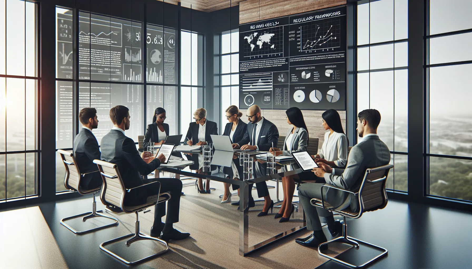 diverse professionals discussing regulatory frameworks in a modern conference room.