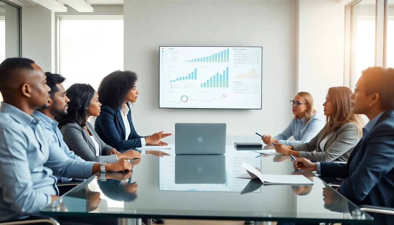 diverse team discussing data in a modern office setting.